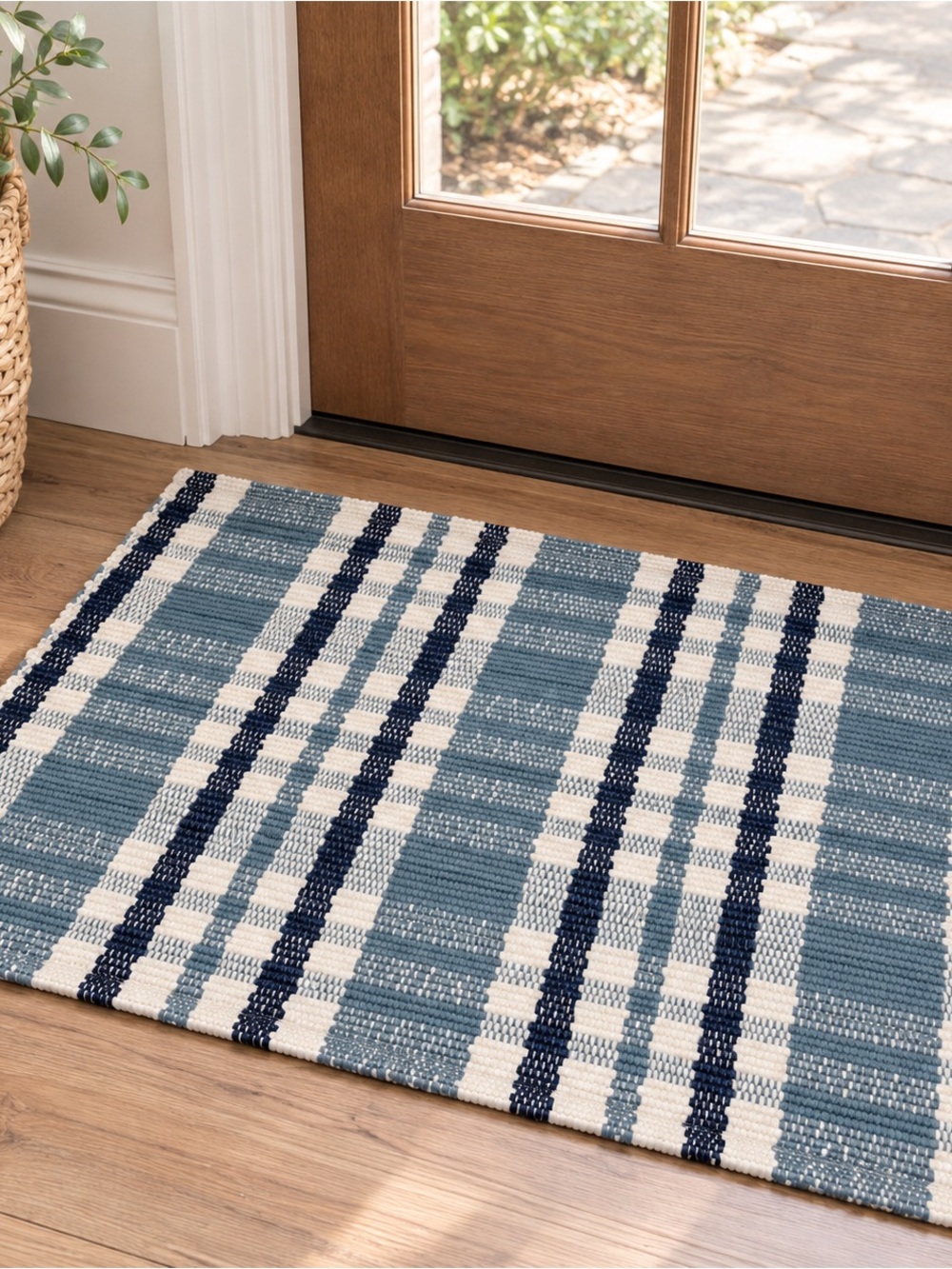 Blue Plaid Indoor Outdoor Woven Layering Rug 24x36 Farmhouse Cottage